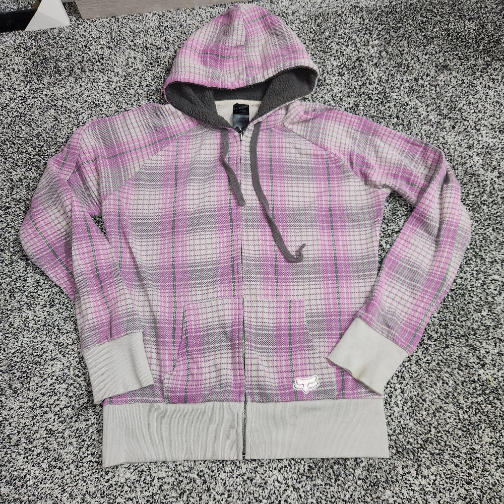 Y2k Fox Racing Hoodie Women Xl Purple & Gray Plaid Tartan, Zip-Up,Punk Grunge